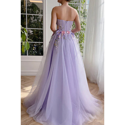 Strapless Floral Appliqued Tulle A-Line Long Prom Evening Dress