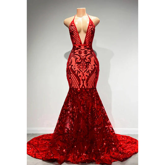 Sexy & Hot Spaghetti Straps Deep V-Neck Sleeveless Mermaid Backless Sequins Prom Dress