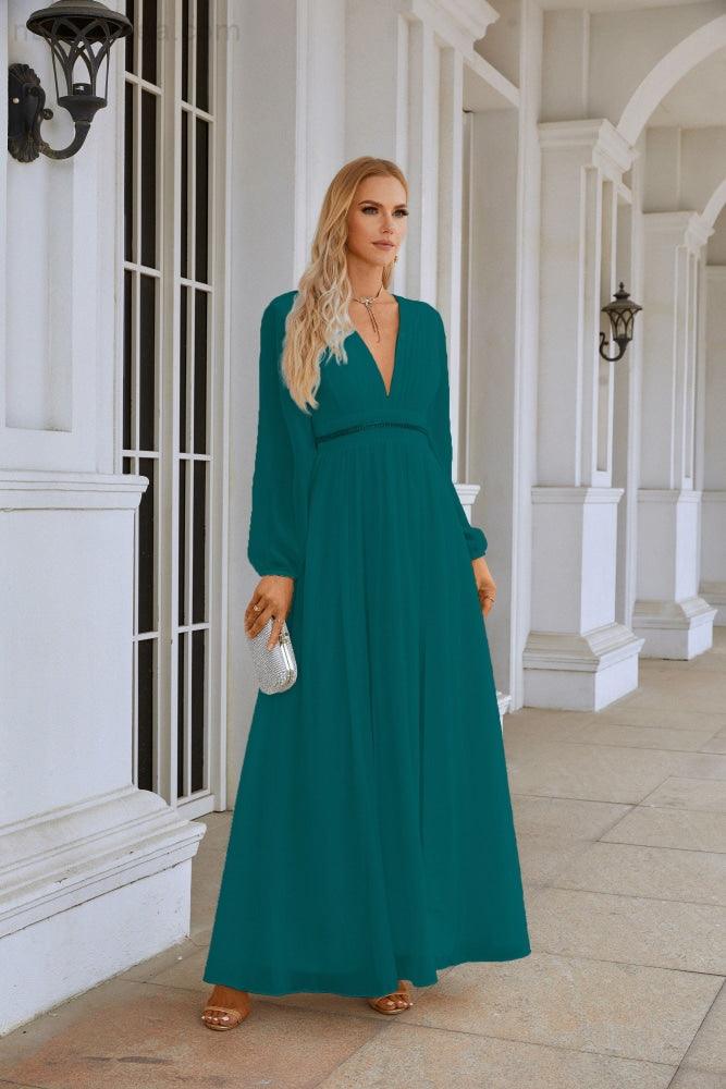 Ladies V Neck Chiffon Long Sleeve Front Slit Bridesmaid Evening Dress Wedding Party Shopping Evening Dress 28109-numbersea