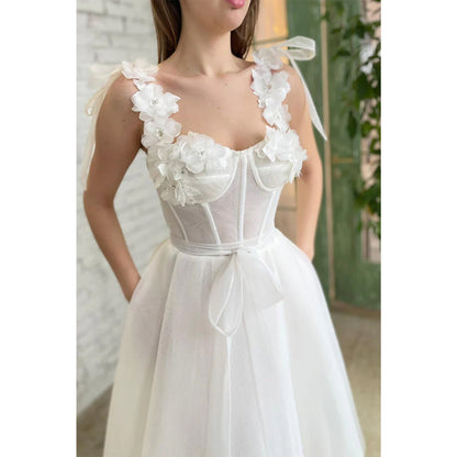 Double Straps 3d Flowers Ivory Tulle Vintage Prom Dress with Pockets