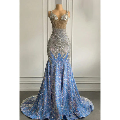 Glamorous & Dramatic Ruffles Rhinestones V-neck Sleeveless Sequins Evening Prom Dress