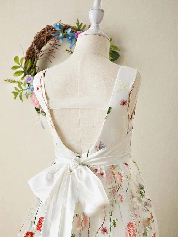 Wildflower floral embroidery overlay tulle A-line slim fit flare V-neck back bow floral girls dress