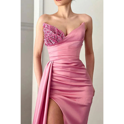 Sexy V-Ausschnitt Perlen Satin Falten Hoher Schlitz Langes Ballkleid