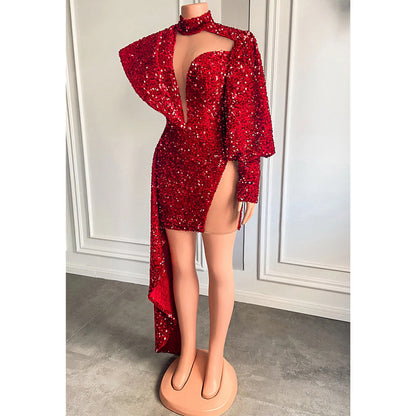 Plunging V-neck Sequins Long Sleeves Prom Dress