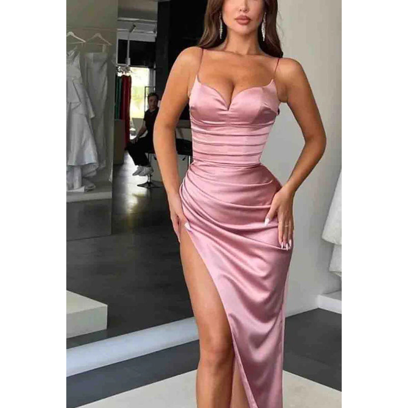 Spaghetti Straps Ruched Long Prom Evening Dress With Slit