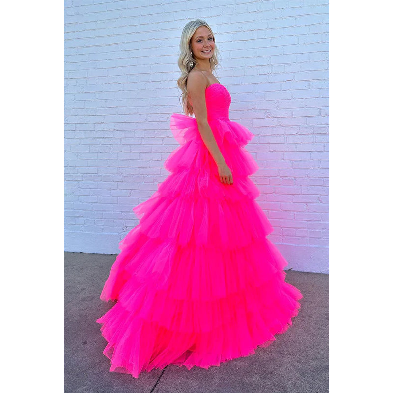 Strapless Hot Pink A-Line Tulle Long Prom Gown