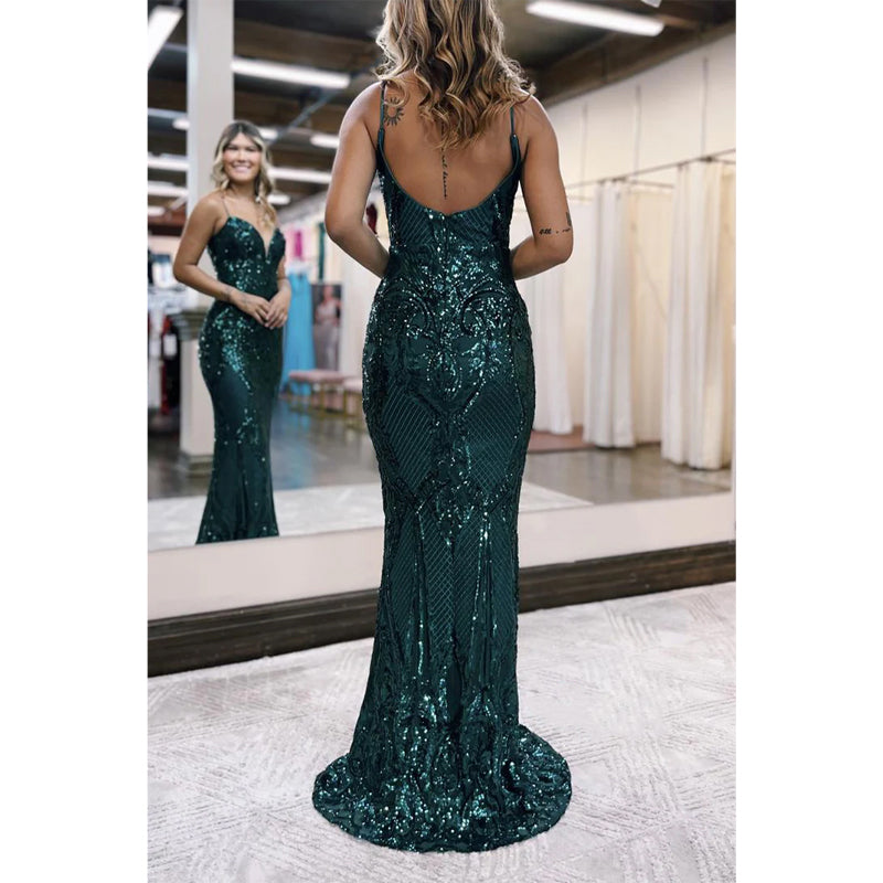 Trumpet V-neck Spaghetti Straps Appliques Party Prom Evening Dress