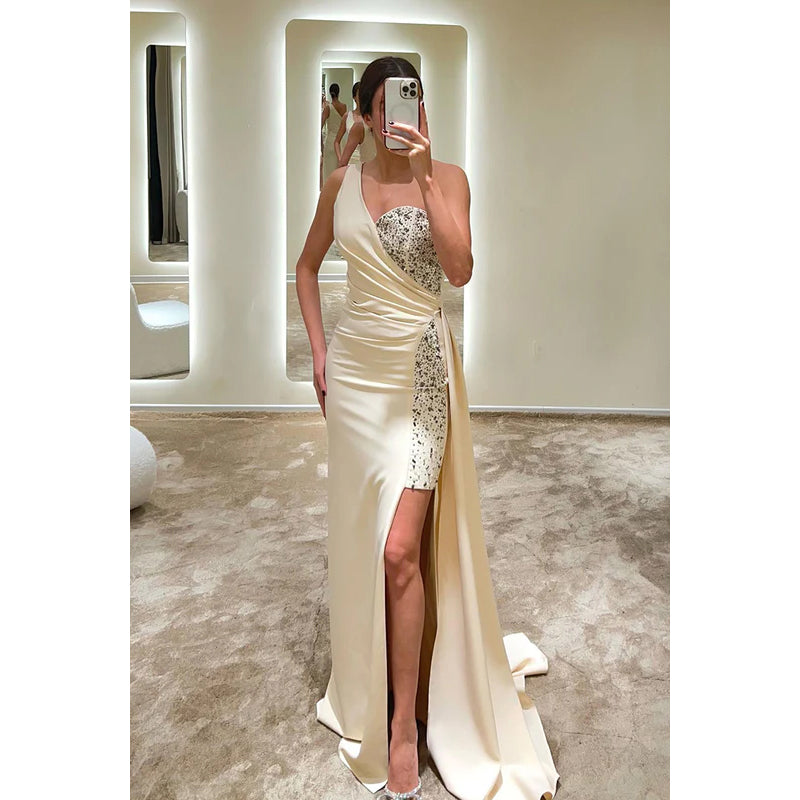 Sheath/Column One Shoulder Satin Sequins Sleeveless Prom Dress