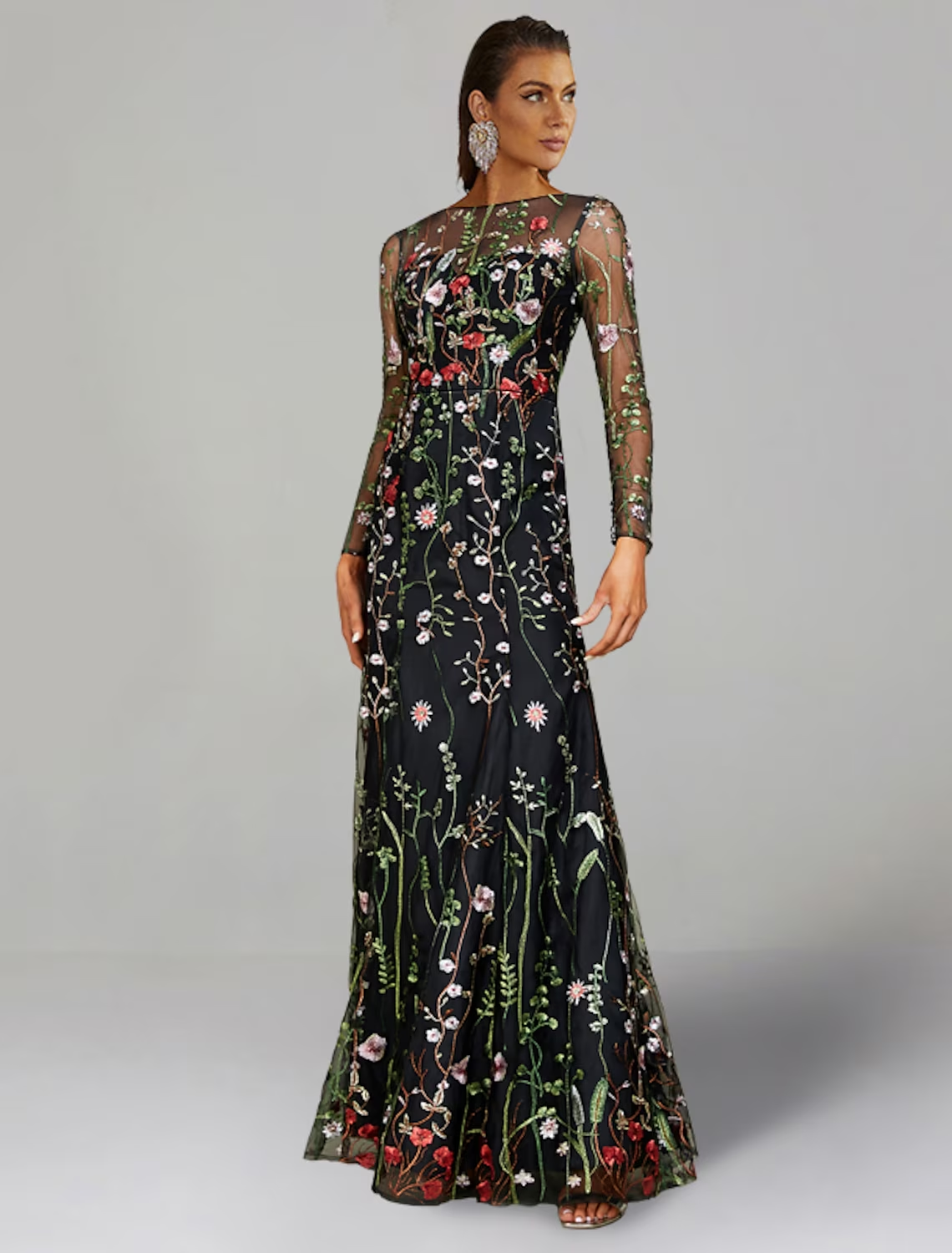 Sheath / Column Wedding Guest Dresses Floral Dress Wedding Guest Floor Length Long Sleeve Jewel Neck Tulle with Embroidery