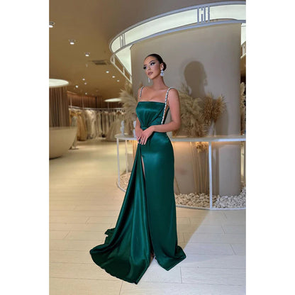 Square Neck Beaded Ruched Satin Sheath Prom Evening Gown With Slit