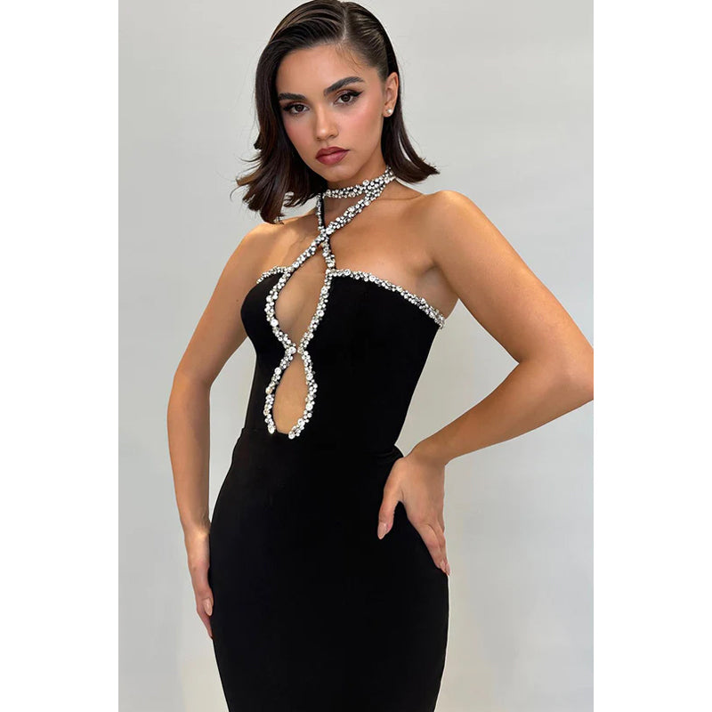 Sexy Neckholder-Abendkleid mit ärmellosem Strasssteinen und Ballkleid