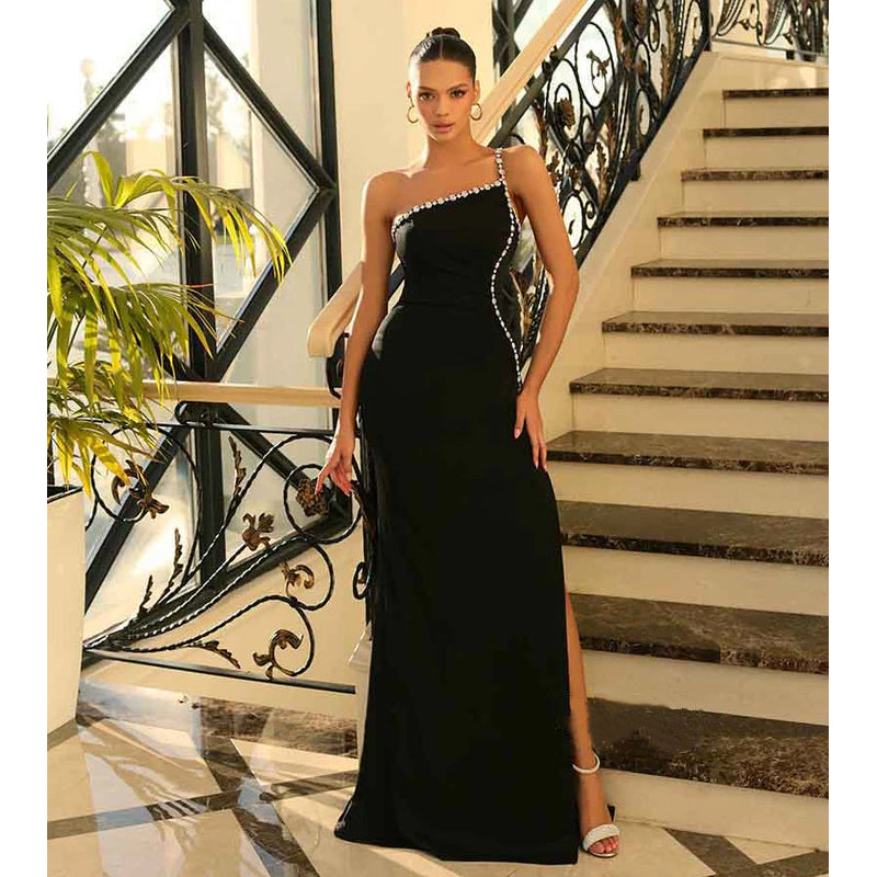 Unique One Shoulder Beads Long Prom Party Dress with Slit