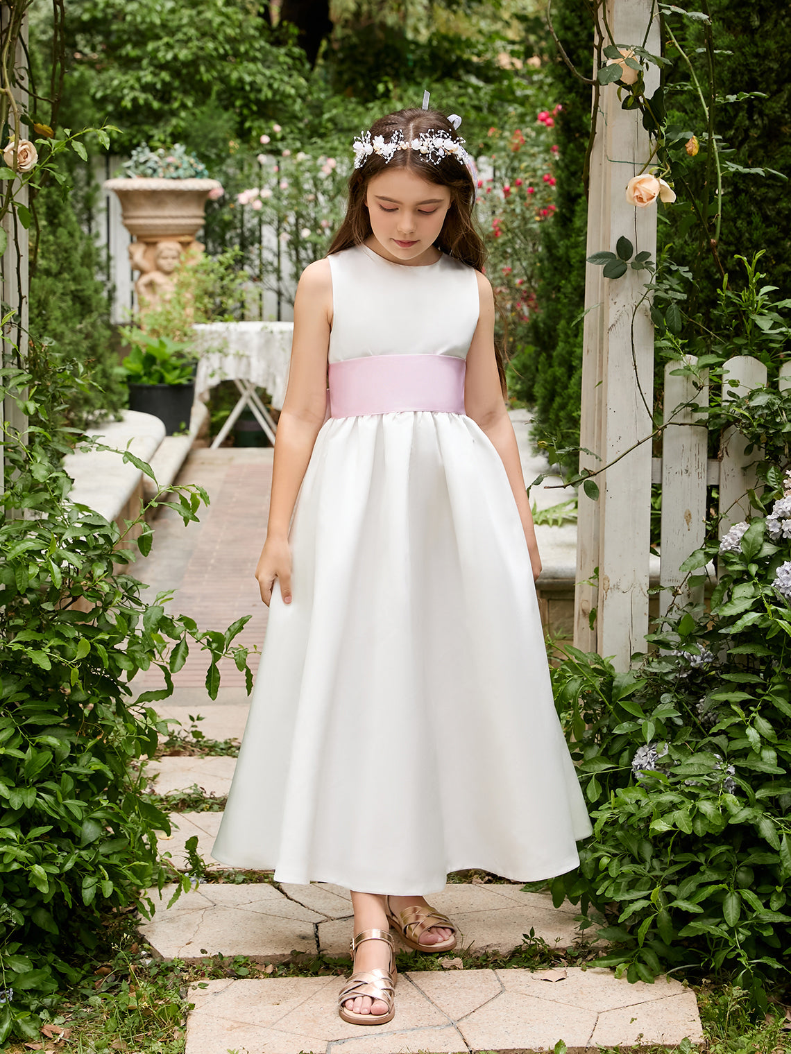 Ivory Satin Flower Girl Ball Gown with Sash Bow | Ankle-Length Tulle Dress (010007314)