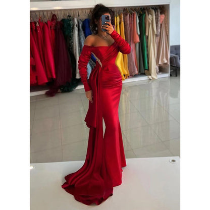 Chic & Modern Off-shoulder Red Beaded Satin Pleats Long Formal Dress with Overlay