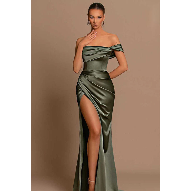 Strapless One Shoulder Ruched Long Prom Evening Dress With Slit