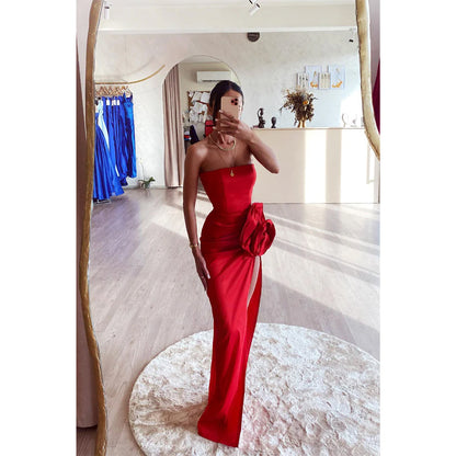 Sheath/column Strapless Flowers Red Long Prom Formal Dress with Slit