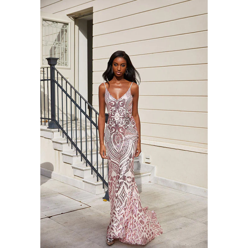 V-Neck Spaghetti Straps Sequined Mermaid Long Prom Formal Gown