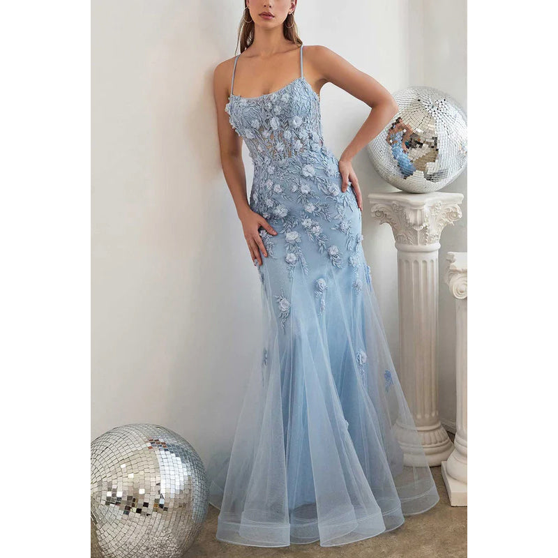 Spaghetti Straps Floral Appliqued Sheer Tulle Mermaid Long Prom Evening Dress