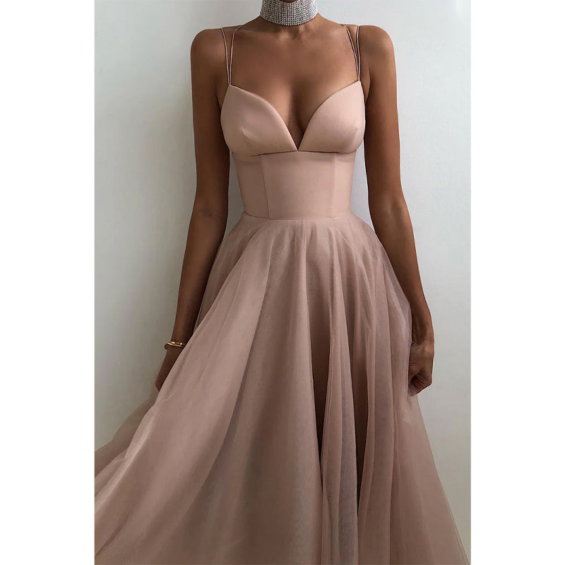 Spaghetti Straps V-neck Simple Formal Evening Dress