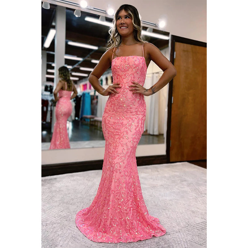 Spaghetti Straps Sequins Appliques Long Prom Dress