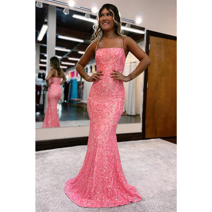 Spaghetti Straps Sequins Appliques Long Prom Dress