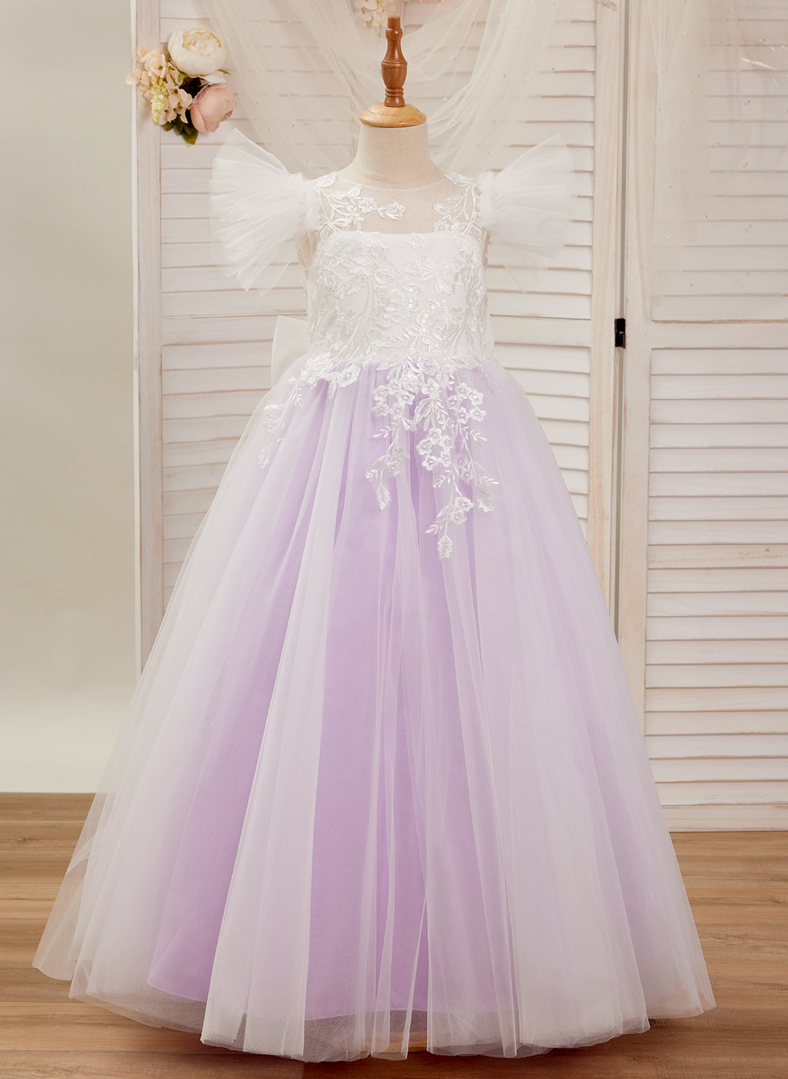 Detachable  Lace Tulle Sweep Train Flower Girl Dress