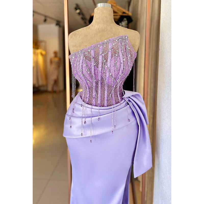 Plunging Strapless Beaded Fringe Lilac Sparkly Pleats Long Prom Dress