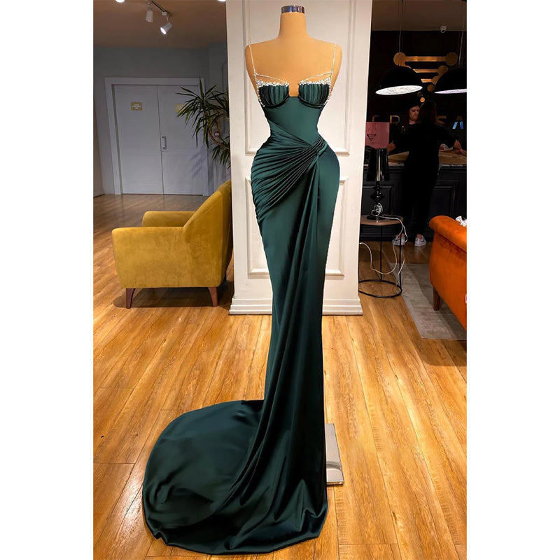 Spaghetti Straps Beads Sheath Long Formal Evening Dress