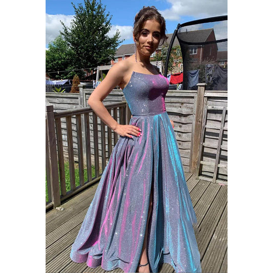 Strapless Purple Satin A-line Long Sparkle Prom Dress with Slit