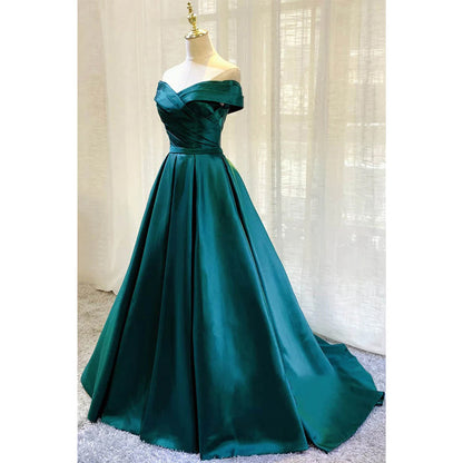 Unique Off-shoulder Green Satin Pleat Long Formal Dress