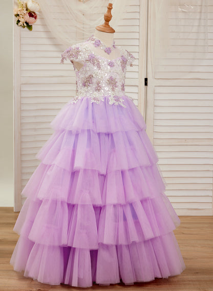 Lilac Tulle Princess Ball Gown with Floral Appliques and Beading for Girls