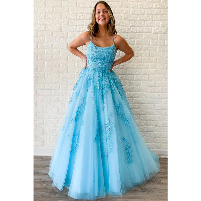 Unique Scoop Criss-cross Straps Sky Blue Tulle Appliques A-line Long Prom Dress