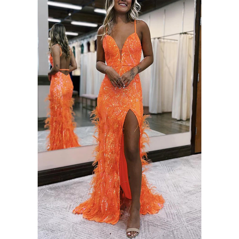 V-neck Spaghetti Straps Sequined Appliques Feathers with Side Slit Prom Dress