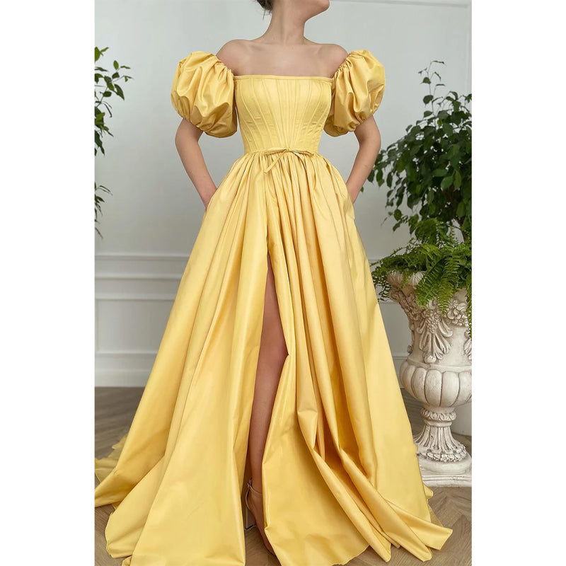 Strapless Short Sleeves Yellow Satin High Split Long Prom Dress with Pockets