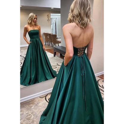 Strapless Sleeveless Lace-Up Satin A-Line Long Prom Evening Dress With Slit