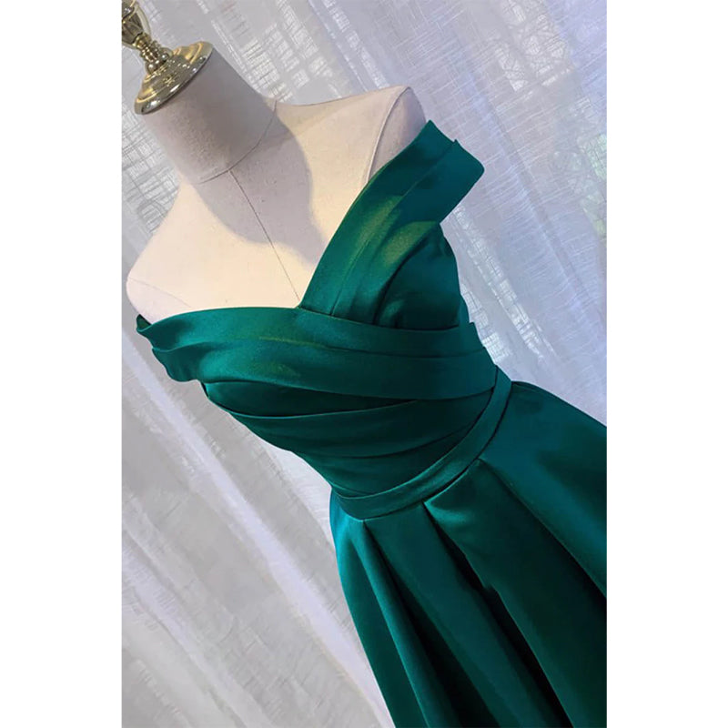 Unique Off-shoulder Green Satin Pleat Long Formal Dress