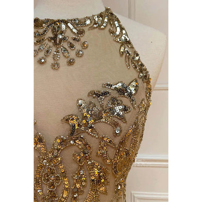 Sheath/column Gold Beaded Halter Long Prom Dress Formal Evening Dress