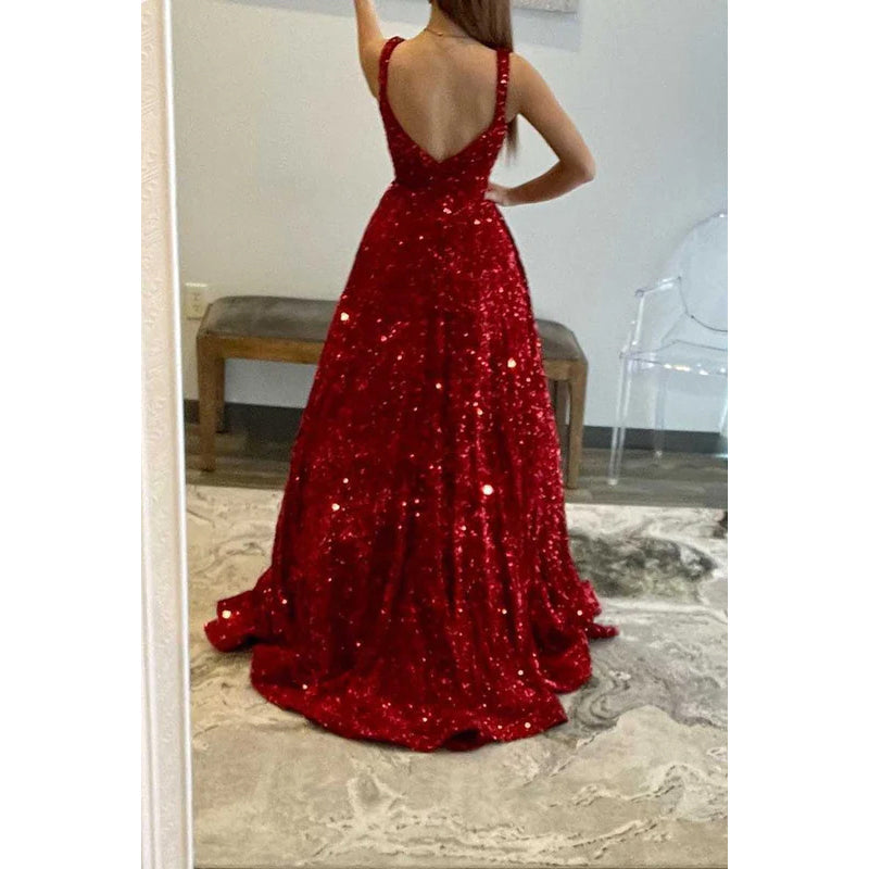 Square Neck Sequined A-Line Long Prom Gown With Sweep Train