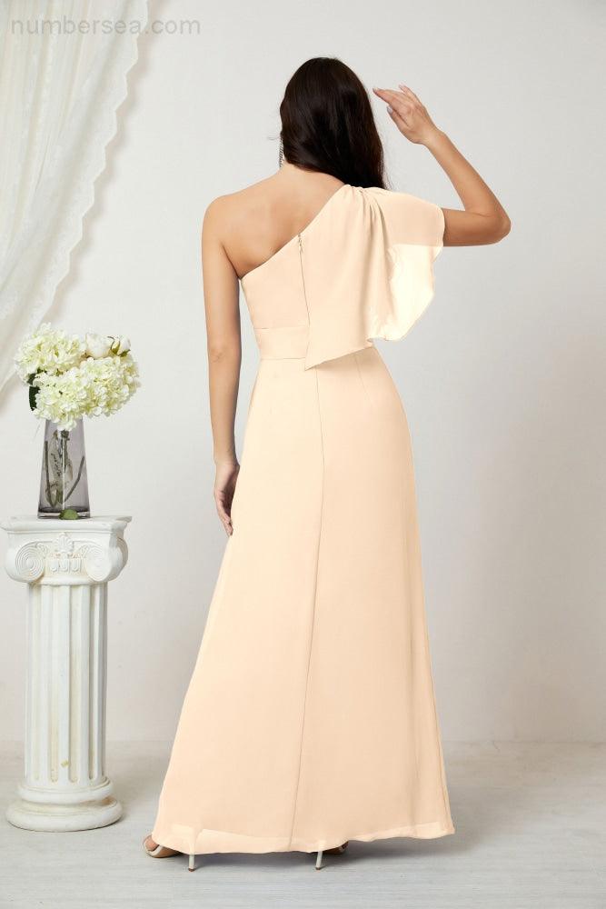 Numbersea Chiffon Ruffled One Shoulder Long Bridesmaid Dresses A-line Formal Evening Gown Side Split 2809-numbersea