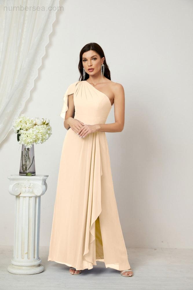 Numbersea Chiffon Ruffled One Shoulder Long Bridesmaid Dresses A-line Formal Evening Gown Side Split 2809-numbersea