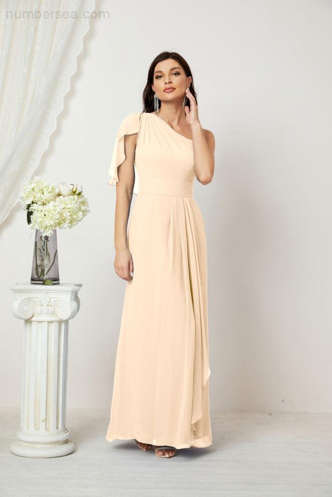 Numbersea Chiffon Ruffled One Shoulder Long Bridesmaid Dresses A-line Formal Evening Gown Side Split 2809-numbersea