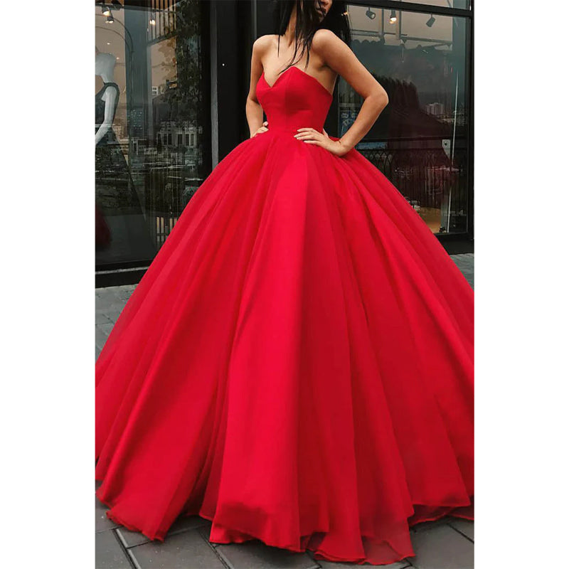 Ball Gown Red Tulle V-neck Long Prom Dress Formal Evening Gowns