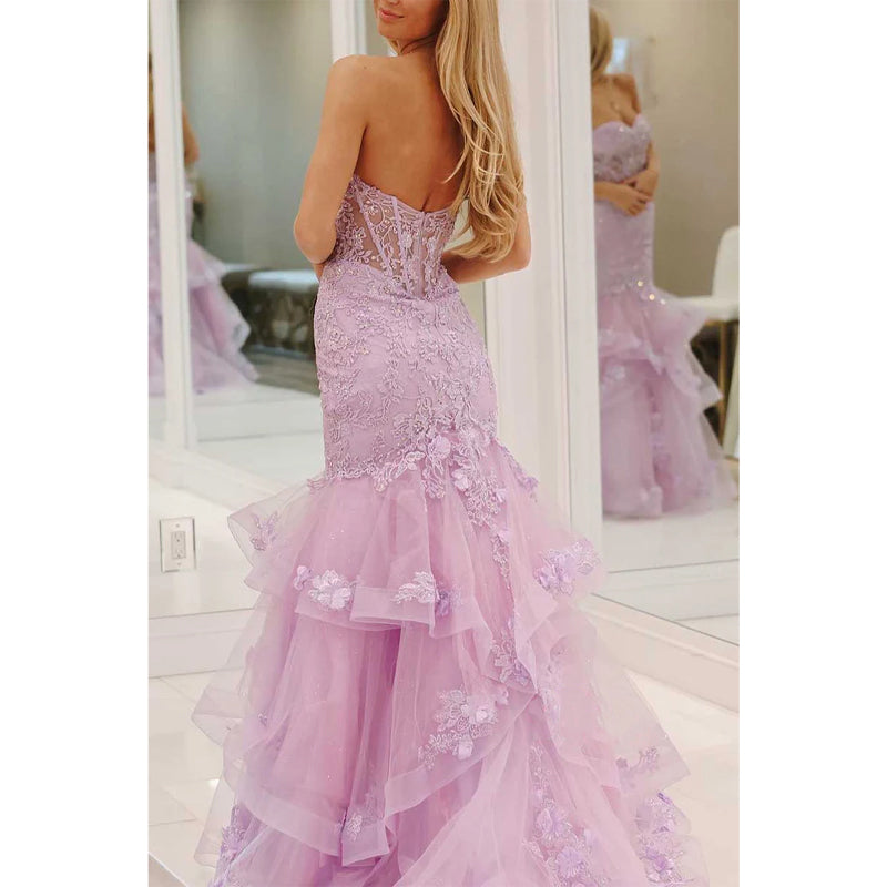 Trumpet Sweetheart Lace Applique with Tulle Train Party Prom Evening Dress