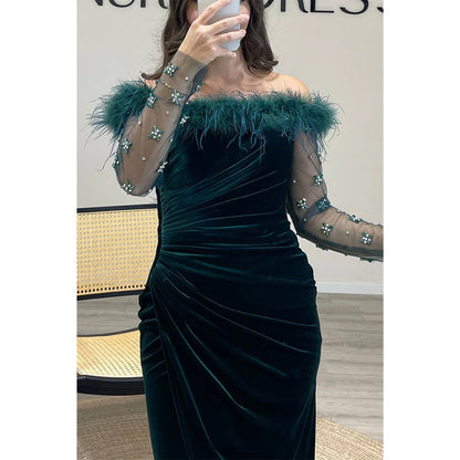 Feather Off-shoulder Beaded Velvet Sheath Long Prom Dress Evening Gown