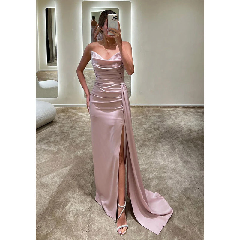 Sheath/column Strapless Satin Pleats Long Formal Evening Gowns