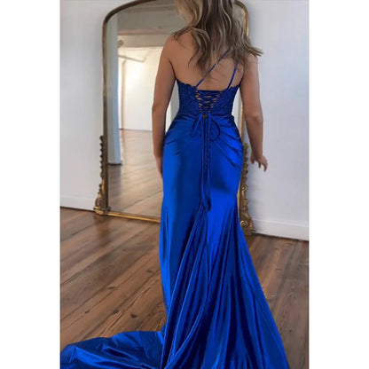 Elegant Royal Blue One Shoulder Sleeveless V-neck Side Slit Formal Party ProM Dress