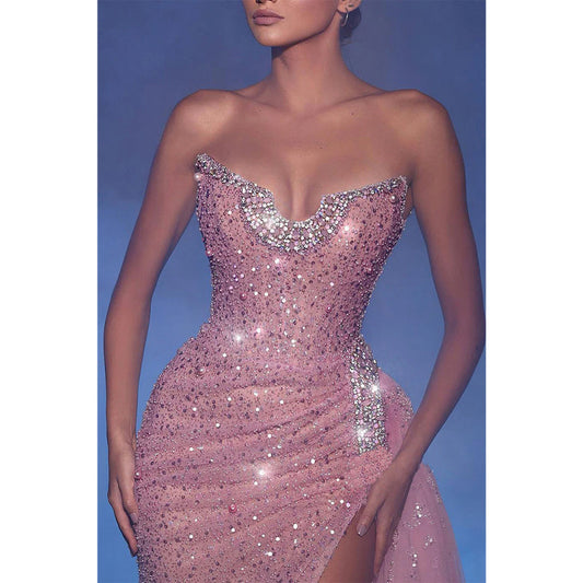 Glitter Fitted Strapless Sleeveless with Side Slit Sequined Party Prom Evening Dress