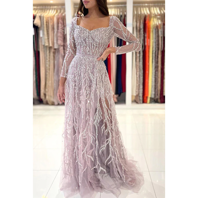 Glamorous Dramatic Square Long Sleeves Sparkly Mermaid Formal Party Prom Dress with Feathe