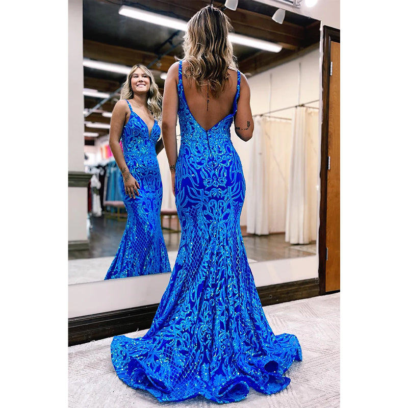 Plunging V-neck Sequins Appliques Mermaid Prom Dress Long