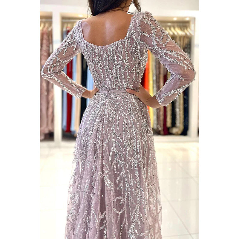 Glamorous Dramatic Square Long Sleeves Sparkly Mermaid Formal Party Prom Dress with Feathe